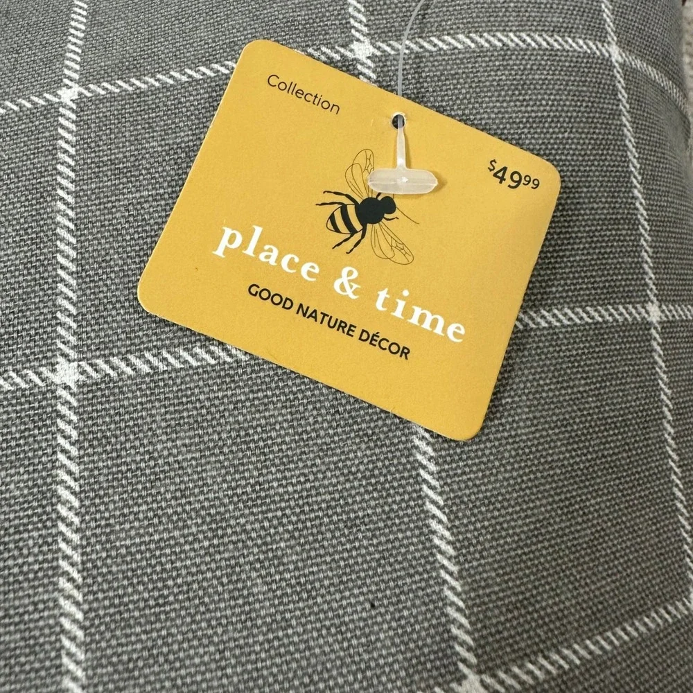 Place & Time Be Kind Bird Plaid Throw Pillow Grey White 24x24 Farmhouse Decor